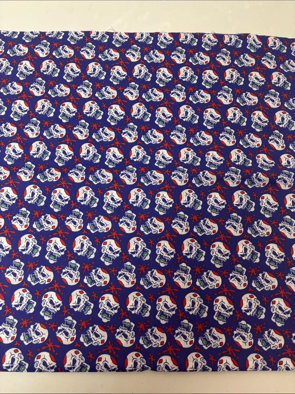Navy Skull Repeat Print Fabric Panel - White & Red Accents